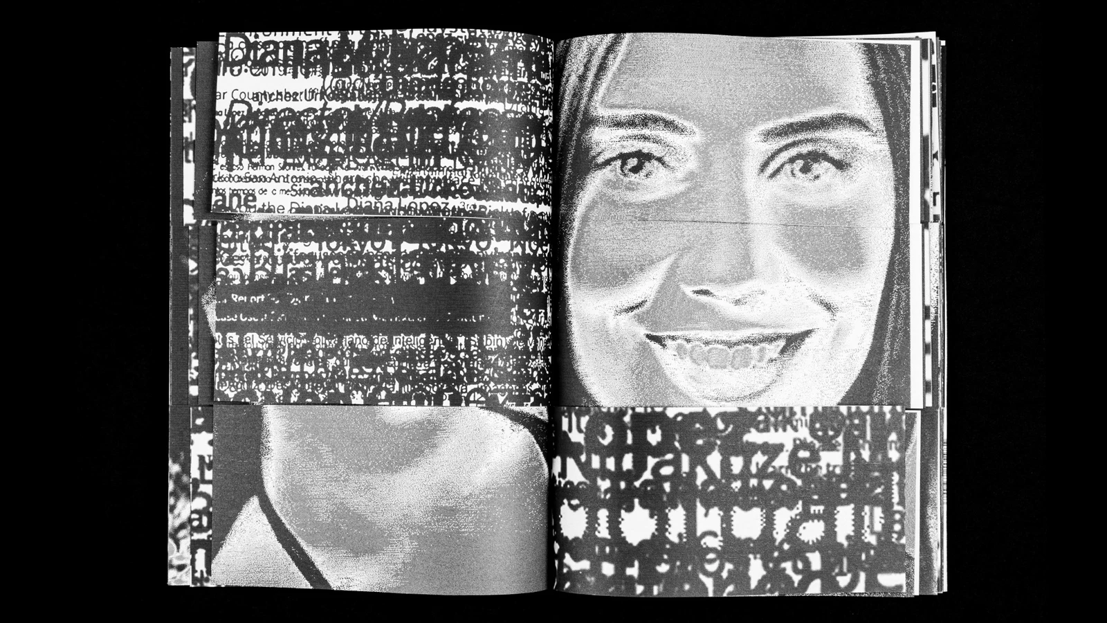 101dianas: fragmented black and white portraits interwoven with text across an open publication