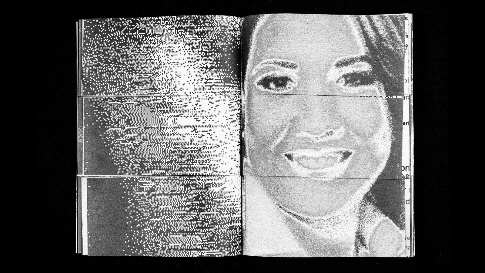 101dianas: two faces layered with printed text across the pages of a publication