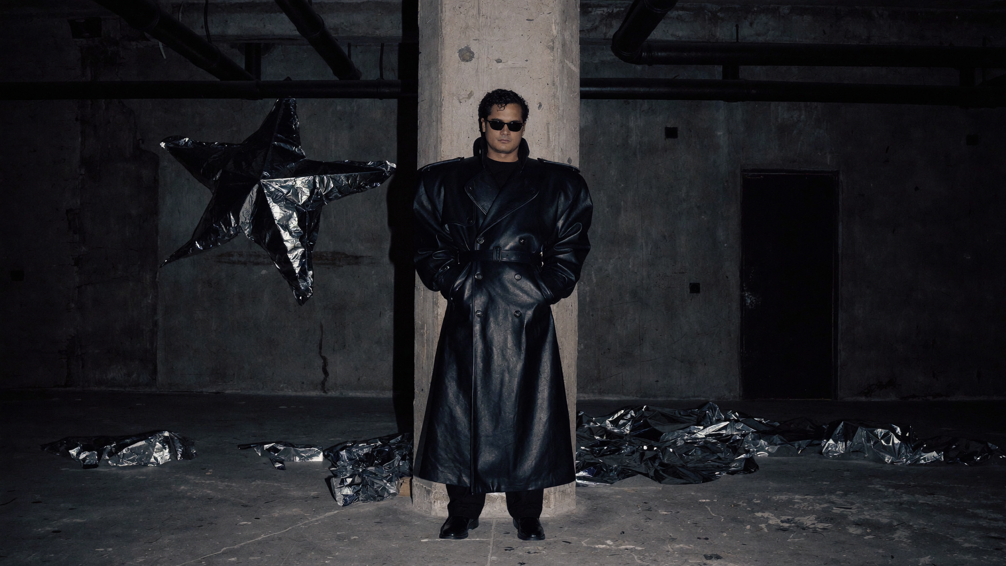 Alejandro Molinari wearing Lotus 2063 beside a reflective sculpture