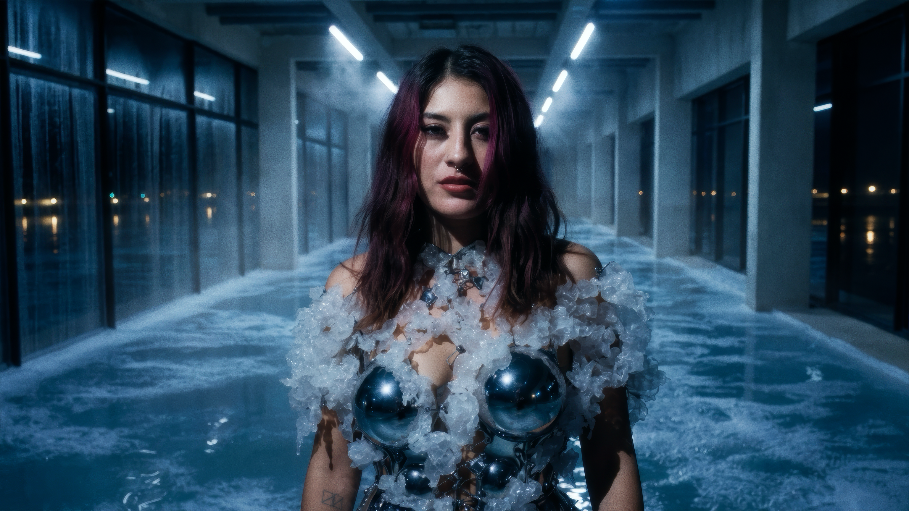 Amatista facing camera inside the Fashion After Fabric liquid memory archive.
