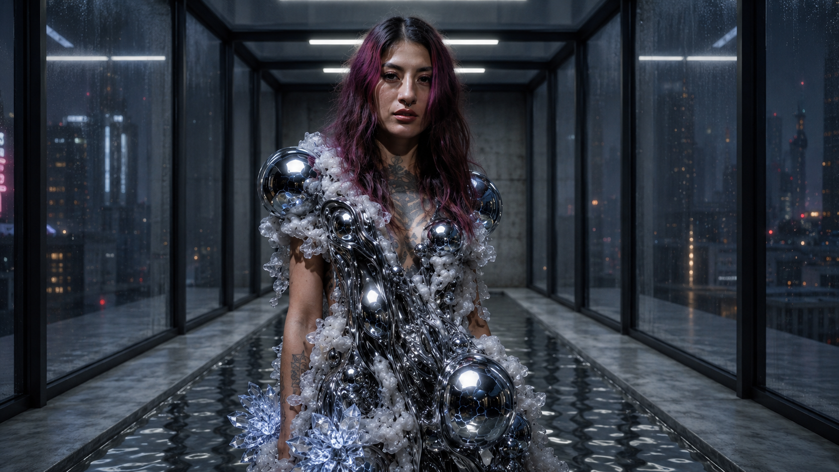 Close material study of Amatista(444)'s liquid metal, crystal and synthetic tissue garment