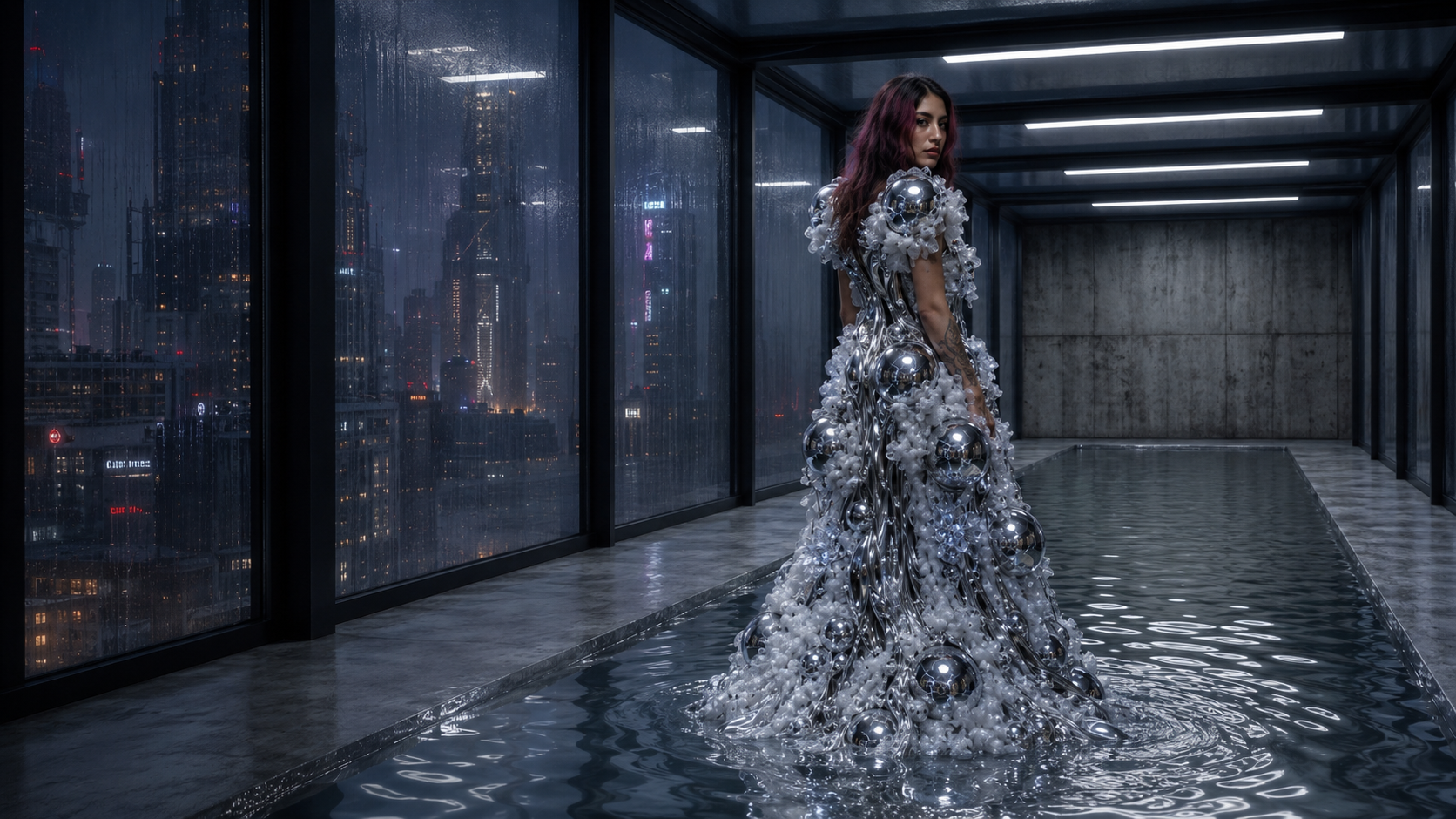 Amatista full-body Fashion After Fabric study in a flooded Berlin 2063 corridor.