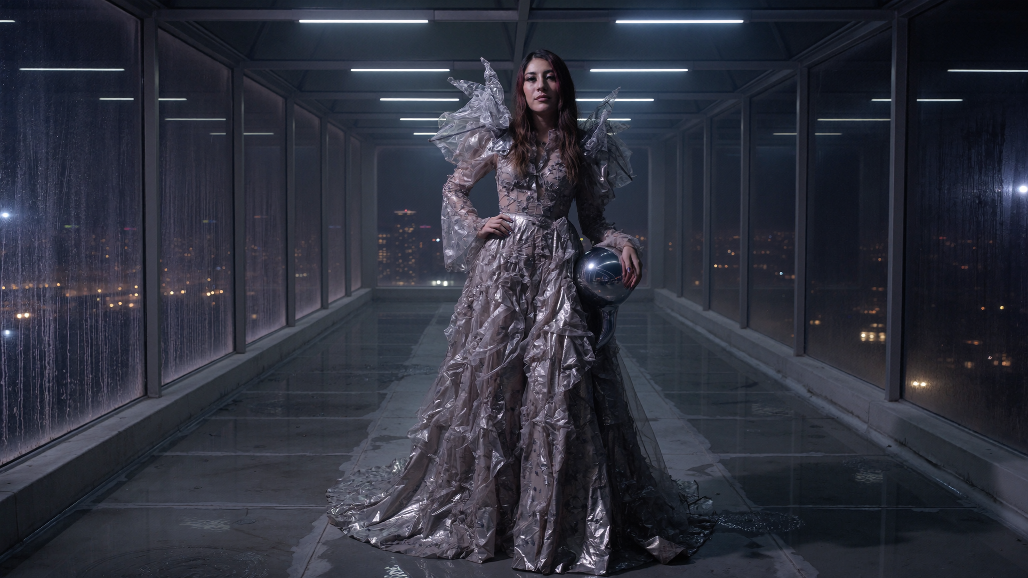 Amatista Fashion After Fabric archive image with liquid metal, crystal and rain-lit architecture.
