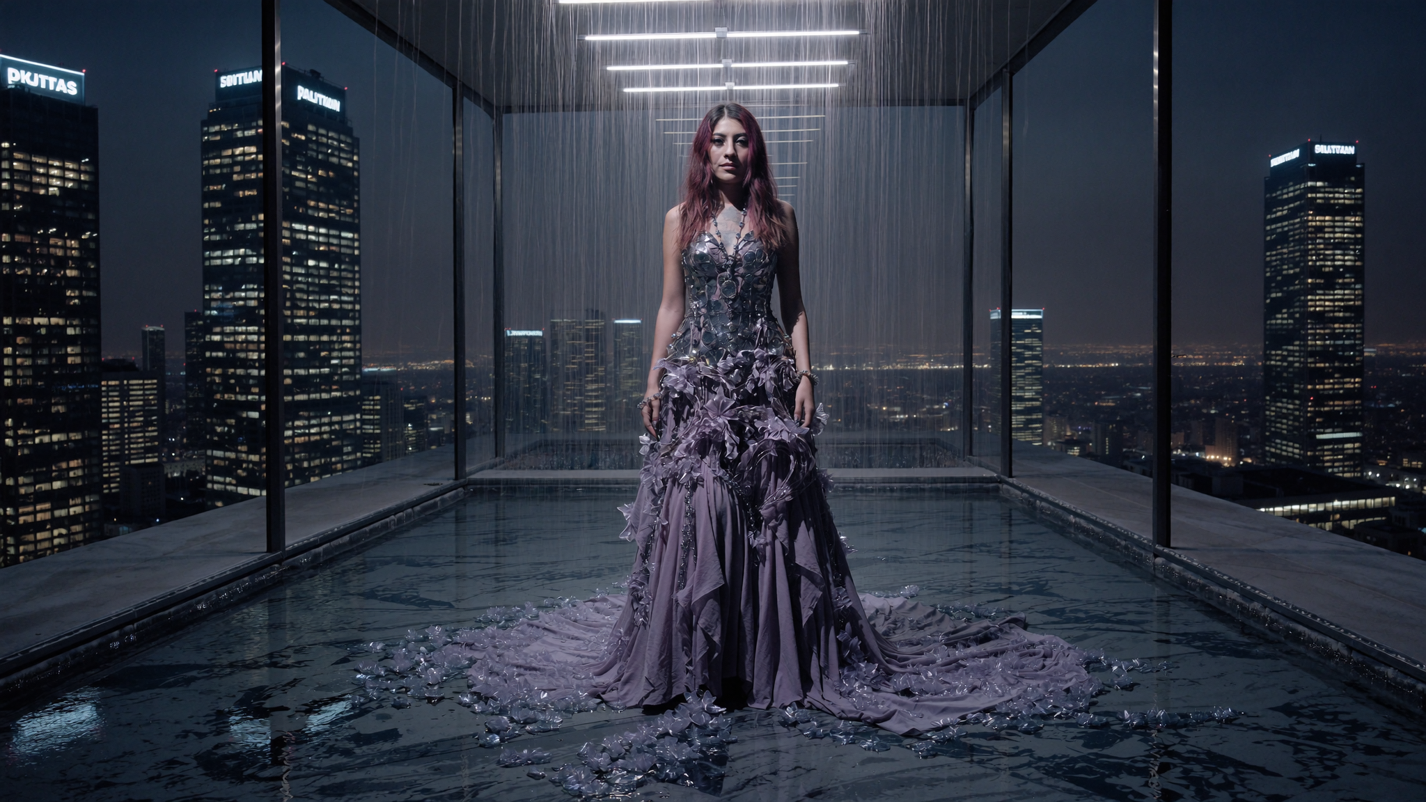 Amatista in a future corridor wearing a chrome and crystal body structure.
