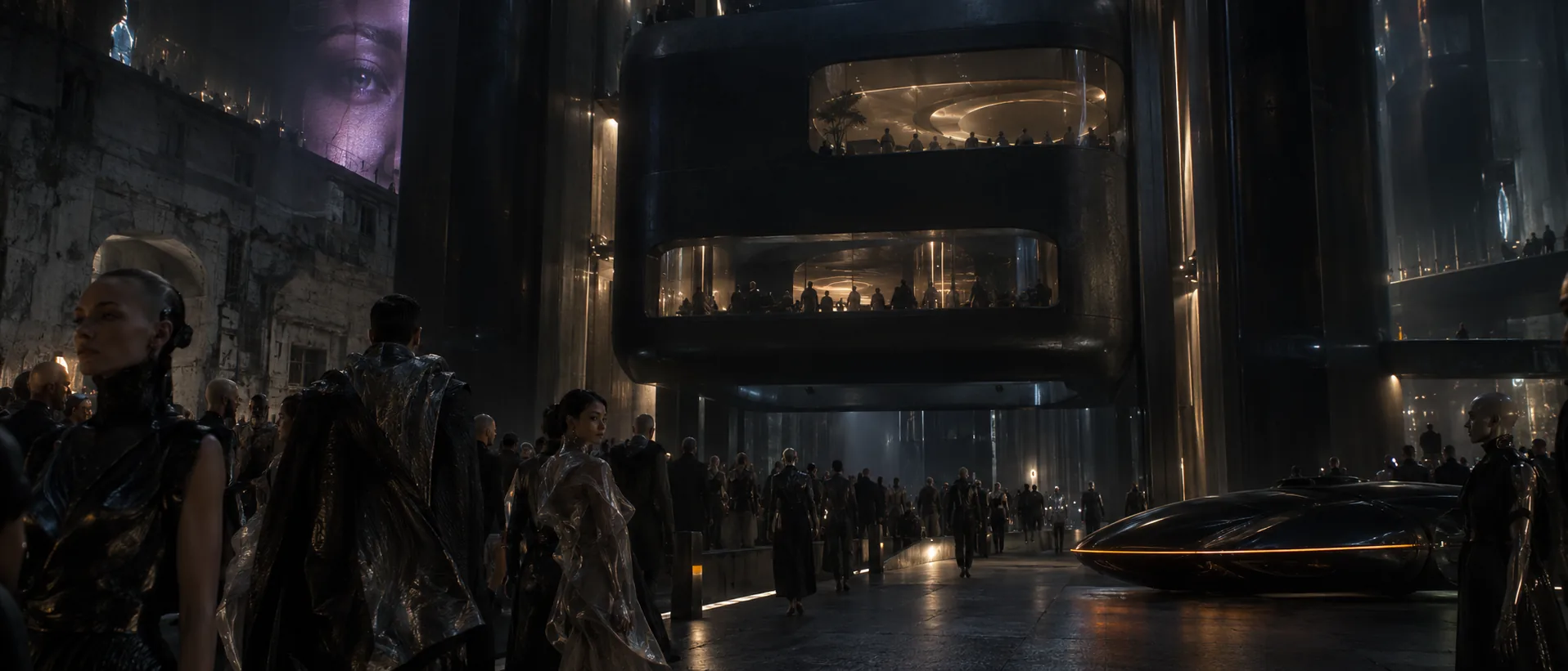 A curved building opens onto a crowded passage beside an older stone facade, with people visible on elevated levels.