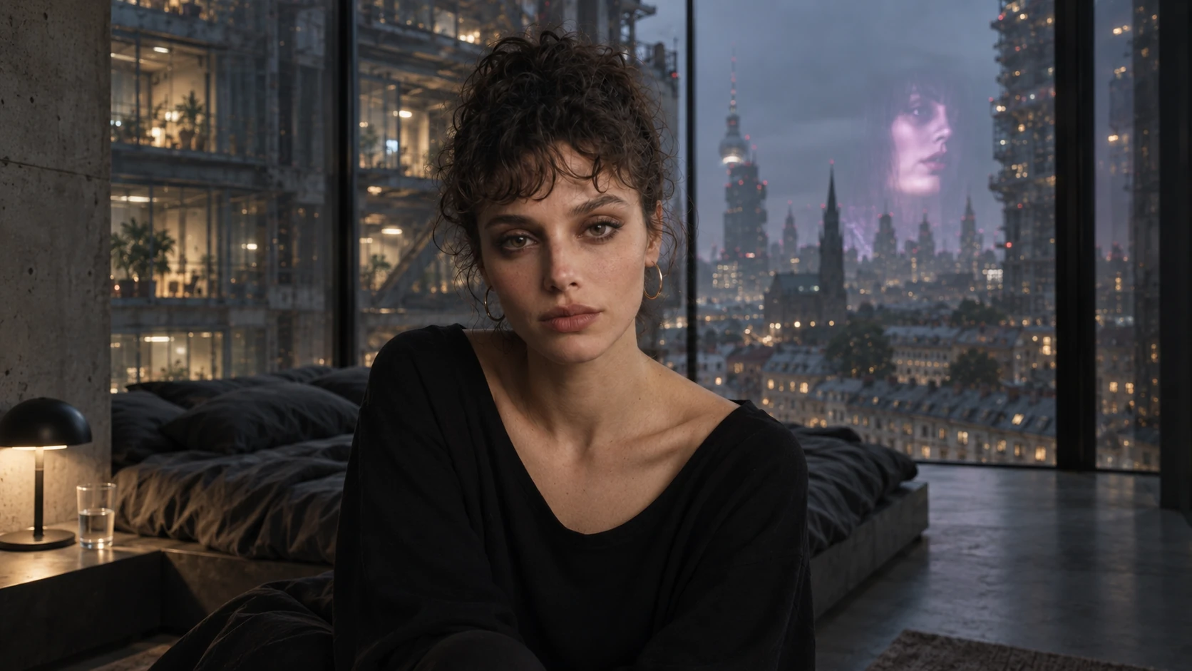 Nina at home in Berlin 2063, seated beside a panoramic window overlooking the city