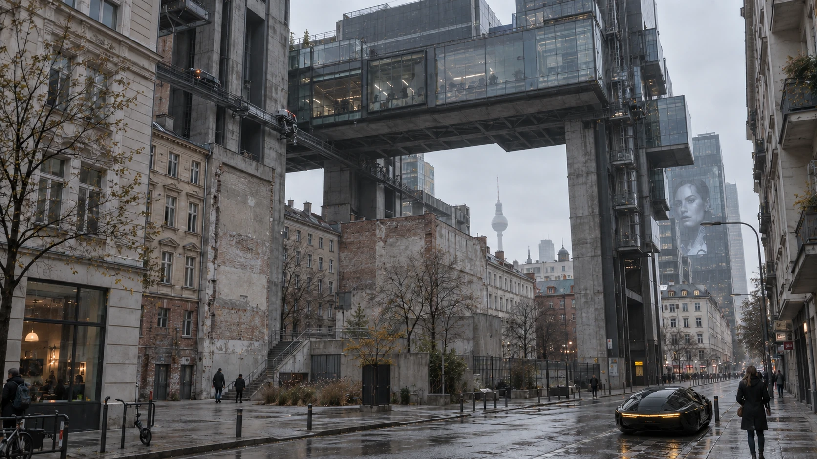 Photographic study of an imagined Berlin street with historic buildings, a concrete elevated structure and people walking below