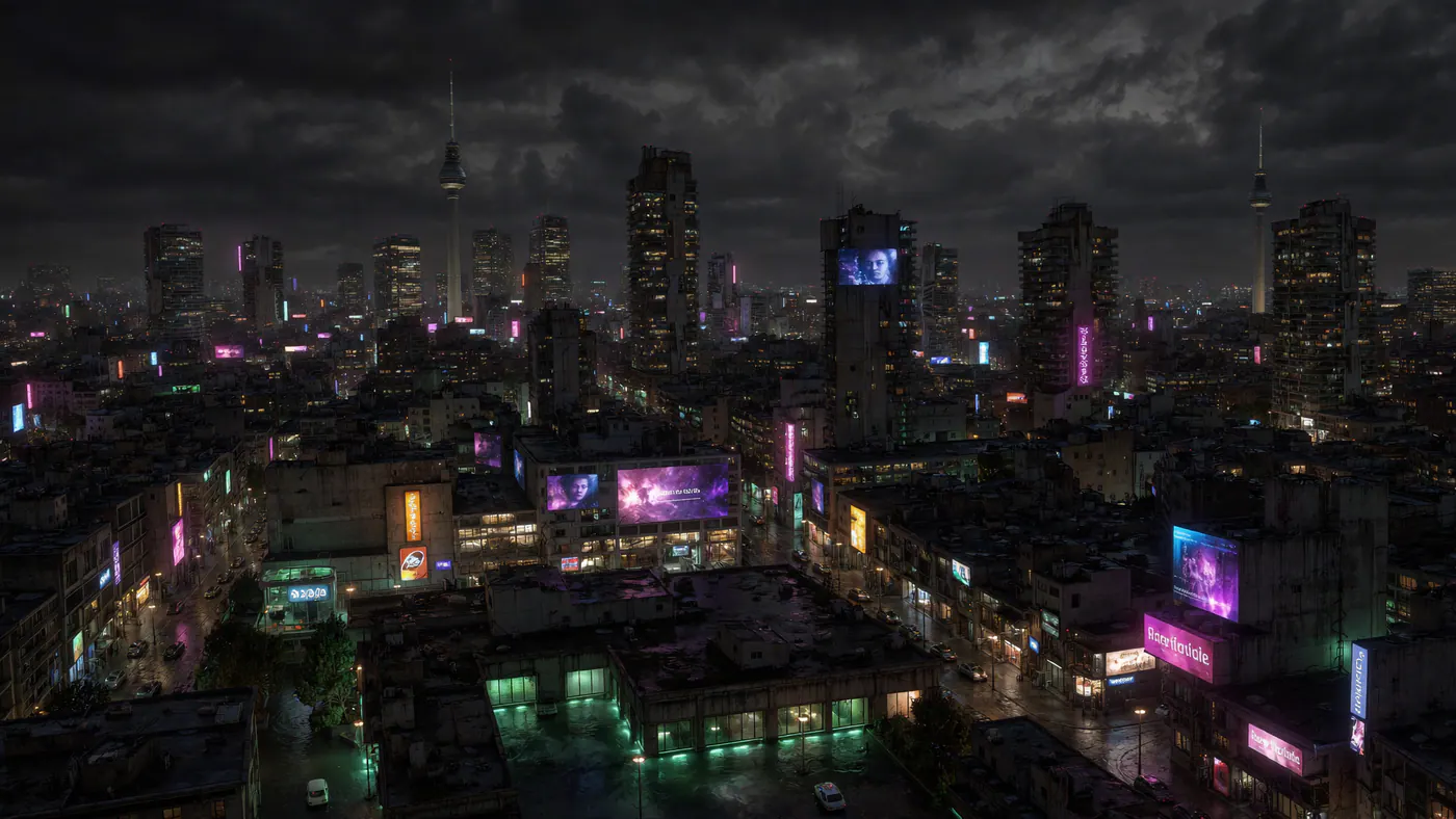 A dense city of weathered buildings, illuminated screens and television towers beneath heavy clouds.