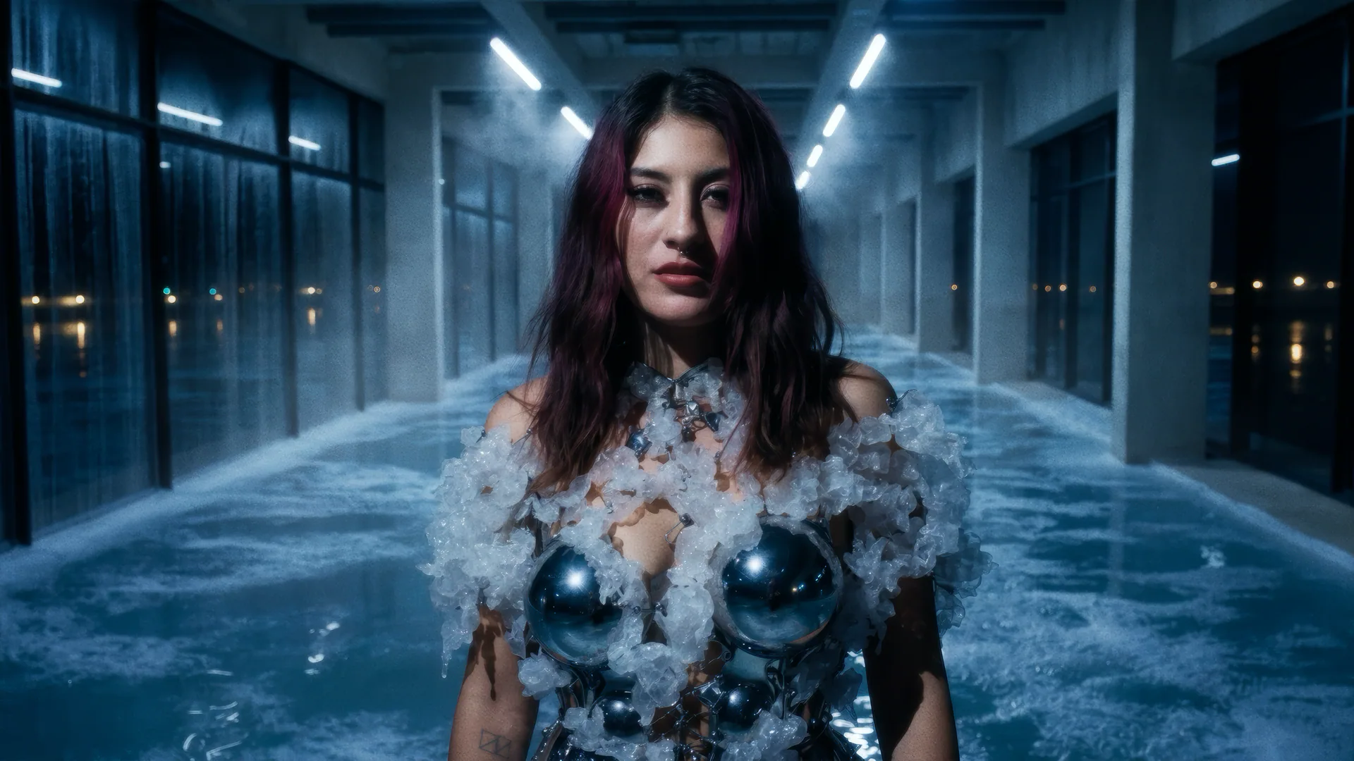 Amatista facing camera inside the Fashion After Fabric liquid memory archive.