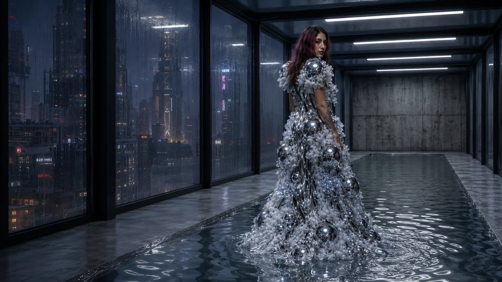 Amatista full-body Fashion After Fabric study in a flooded Berlin 2063 corridor.
